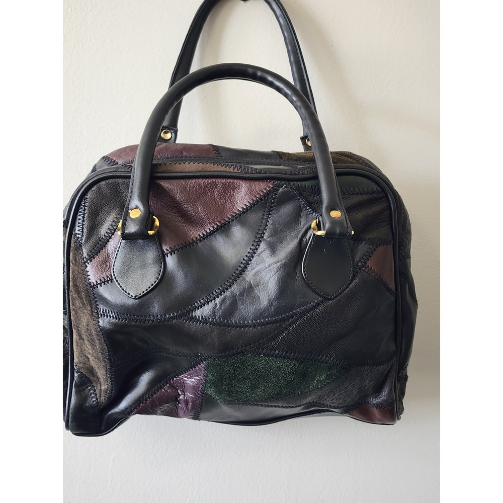 Vintage Patchwork Leather Suede Satchel Bag Black Burgundy Green Doctor Bag